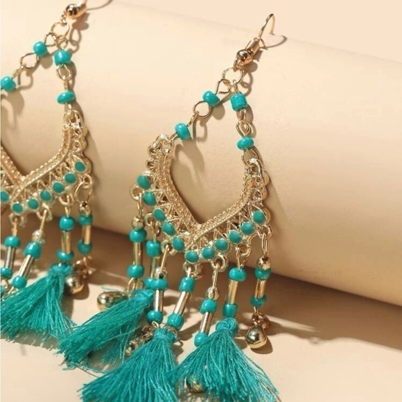 Gold 4/$25 Turquoise Beaded Tassel Drop Earrings - Picture 2 of 3